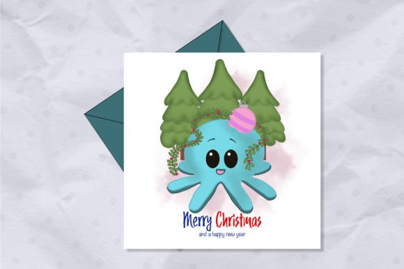 Merry Christmas Card Octopus Cartoon